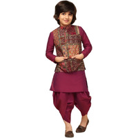 Kisah Boy's Cotton Blend Regular Fit Printed Pink Multi Kurta Jacket Dhoti Set (5-6Y)
