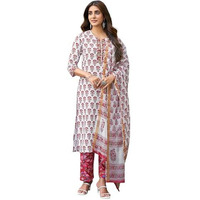 Sanisa Women's Rayon Blend Floral Printed Straight Kurta With Pant And Dupatta Set| Ethnic Set | Suit Set | Kurta Set(129Kbd1394N-M_White & Maroon & Multi)