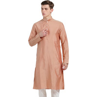 Kisah Men Peach-Coloured Solid Banarasi Straight Kurta Full Sleaves, Knee Length, Straight, Regular Fit, Mandarin Collar Ethnic Casual Wear