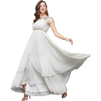 Miss Chase Women's Keyhole Neck Short Sleeve Embellished Layered Georgette Maxi Dress (Mcss23D06-67-114-03, Off White, S)