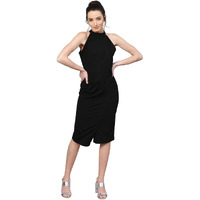 Shasmi Women's Comfortable Black Halter Neck Sleeveless Solid Midi Bodycon Casual Western Stylish Dress For Womens/Midi Dress For Girls (Shree Midi 14 Black S)