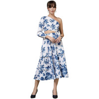 Oomph! Women's Western & Fusion Wear Printed Crepe Dress For Women, One Shoulder, White - Md1071