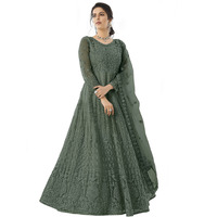 Patlani Women Long Dark Rama Gown,Net With Ultra Satin Inner Ethnic Flared A Line Gown For Girl's/Women's Semi Stitched Gown (Dark Rama)