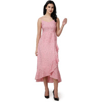 Popwings Casual Floral Printed Midi Frill Strap Dress For Women || Sleeveless Midi-Length Women Dress || V-Neck Maxi Dress For Women || Latest Stylish Western Summer Women Dress Pink