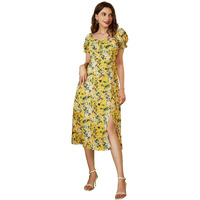 Sugathari Women's & Girls' Solid V Neck Ankle Length Beshop Sleeve A-Line Dress For Women (Dress2 46 Lemon Yellow M)
