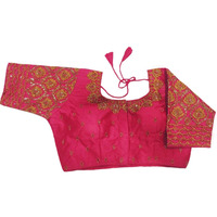 Pujia Mills Women's Phantom Silk Golden Jari Embroidery With Codding Sequin Work Blouse Heavy Sequence Work Blouses Half Sleeve Gajari Color Blouse