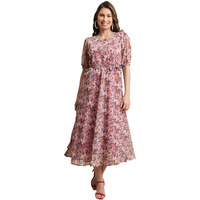 Preneum Women's Maxi Fit & Flare Print Georgette Regular Sleeves Casual |Long Gown For Women (In, Alpha, L, Plus, Peach)