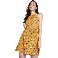 Popwings Women Casual Yellow Eye Printed Halter Neck Skater Dress Dress | Stylish Dress | Trendy Dress
