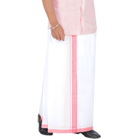Prakasam Cotton Men's Double White Dhoti With Dobby Design Border (1.30 X 4.00 Meter) (Red)