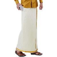 Prakasam Cotton Mens Ss Gold Jari Border Flexi Size Welcro Pocket Dhoti (Small, Cream)