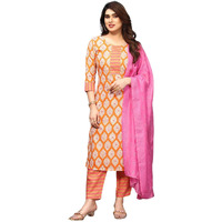 Sanisa Women's Cotton Blend Printed Straight Kurta With Pant And Self Woven Dupatta (89Kbd984Nz-M_Light Orange & Multi)