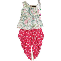 Pspeaches Girls Green Pink Floral Print Kurti With Dhoti Pants (Green-3-4Y)