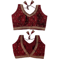 Pujia Mills Women's Indian Ethnic Wear Designer Golden Zari Embroidery With Sequence Work V Neck Sleeveless Readymade Worked Saree Blouse Readymade Maroon Color Blouse For Lehenga Choli