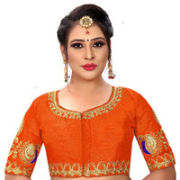 Pujia Mills Women's Phantom Silk Elephant Half Sleeve Saree Blouse (Dumbo_Orange_36 Size+Margin)