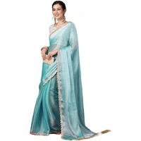 Satrani Women's Shimmer Chiffon Dual Tone Lace Work Jimmy Choo Saree With Unstitched Blouse Piece (3799S281N_Sky Blue)