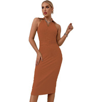 Sugathari Solid Women Rust Orange, V-Neck Ribbed Knit Sleeveless Bodycon Dress (Midi 103 Rust Xl)