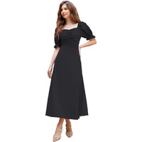 Shasmi Girl's & Women's Solid Black A-Line Ruched Puff Sleeve Maxi Long Evening One Piece Long Dress For Women Stylish (Dress 131 Black-L)
