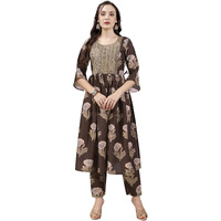 Shienzy Women's Cotton Blend Floral Embroidered A-Line Kurta With Matching Pant Set || Round Neck 3/4 Sleeve Fit & Flared Kurta Set For Women (1480Sz_Cbrn_L)