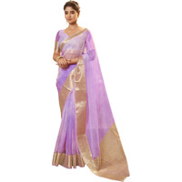 Satrani Women's Organza Printed Jacquard Border Zari Stripe Saree With Unstitched Blouse Piece (3797S455N_Light Purple3)
