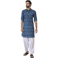See Designs Men Spread Collar Indigo Regular Pure Cotton Pathani Full Sleeve Kurta With White Salwar - Sd2Mpkt_115303Xxl