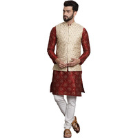 Sojanya (Since 1958 Men's Silk Blend Maroon Kurta & Cream Pyjama With Beige Embroiderd Nehrujacket