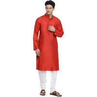 Fabindia Men Viscose Silk Chinese Collar Long Kurta Red_M