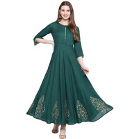 Stylum Women's Gold Print Rayon Kurta Dress (Mayurigreen38_Green, M)