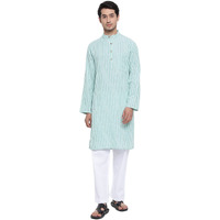 Fabindia Men Collar Cotton Dobby Slim Fit Long Kurta Chinese_Xs Green