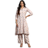 Tadkee Women Cotton Blend Printed Kurta With Plazzo (Fn-Collar-Pair-Floral-116-Cream-Xl)