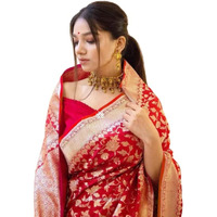 Flosive Women's Present Banarasi Soft Lichi Silk Saree Beautiful Jacquard Rich Pallu Ayn Design Work Zari Woven Kanjivaram Silk Style Saree With Soft Lichi Silk Blouse Piece (Red)