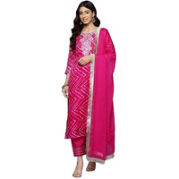Varanga Women Fuchsia Bandhani Printed Zari Embroidered Kurta With Bottom And Dupatta