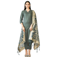 Womanista Women's Bottle Green Poly Silk Straight Kurta And Pants With Printed Dupatta (Kurtaset_1326_Xl)