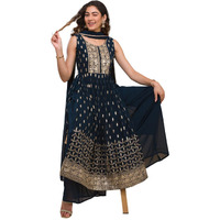 Xomantic Fashion Rani Pink Zariwork Georgette Readymade Salwar Suit (Small, Blue)