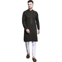 Jompers Mens Sequin Embroidered Pure Cotton Kurta With Pyjamas (Mehndi, L)