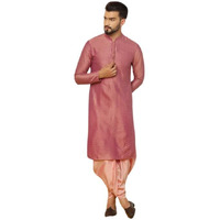 Kisah Men's Kurta Dhoti Set, Peach Silk Blend, Woven Design Regular Fit Mandarin Collar Long Sleeves (S)