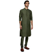 Kisah Men's Kurta Churidar Set, Green Silk Blend, Woven Design Regular Fit Mandarin Collar Long Sleeves (42)