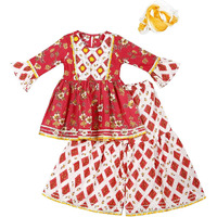 Naughty Ninos Girls Red Floral Printed Gotta Patti Pure Cotton Kurta & Sharara With Dupatta (Nn00057Eth_10-12 Years)