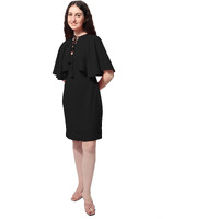 Oomph! Women's Western & Fusion Wear Above Knee/Mid Thigh Length Bodycon Black Dress In Lycra Blend Fabric With Tie-Up Neck And Cape Sleeves - Md576M