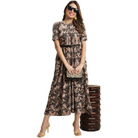 Preneum Girls's Georgette Floral Printed 3/4 Slevees A-Line Fit & Flare Gown With Belt, Black, Xl