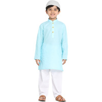 Jbn Creation Boys' Blue Cotton Blend Kurta Pyjama And Cap Set