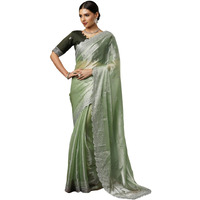 Satrani Women's Tissue Silk Sequence Embroidery Scalloped Border Saree With Unstitched Blouse Piece (3900S132N_Light Pista Green)