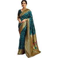 Satrani Women's Silk Paithani Jacquard Saree With Unstitched Blouse Piece (4052S6353N_Dark Rama Blue1)