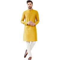 See Designs Men Long Sleeve Side Slit Mandarin Collar Yellow Cotton Solid Straight Kurta - Sdkt2470L