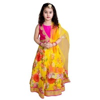 Pspeaches Girl's Yellow Pink Embroidered Polyester Readymade Lehenga Choli Set (Yellow-10-12Y)