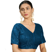 Pujia Mills Women's Indian Ethnic Wear Designer Silver Sequence With Matching Embroidered Work V Neck Half Sleeve Readymade Padded Saree Blouse Readymade Unique Morpeach Color Saree Blouse
