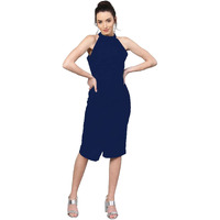 Shasmi Polyester Blend Bodycon Knee-Length Women's Elegant Halter Neck Pleated Flounce Sleeveless Midi Dress (Dresses For Tops_Navy Blue_L)