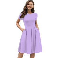 Shasmi Girl's & Women's Solid Purple Color Solid Slant Pocket Fold Pleated, Women Cocktail Party Vintage Style With Pockets Big Swing Simple Retro Dress (Dress 166 Light Purple-M)