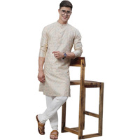 Sojanya (Since 1958 Men's Silk Blend Cream Kurta With Multi Color Embroidery And Off-White Pyjama