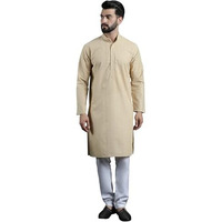 Sojanya (Since 1958 Men's Cotton Thread Embroidered Beige Kurta With White Churidaar Pyjama
