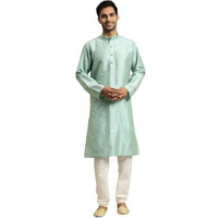 Sojanya (Since 1958 Men's Silk Blend Sea Green Striped Kurta & Off White Churidaar Pyjama Set Size 42